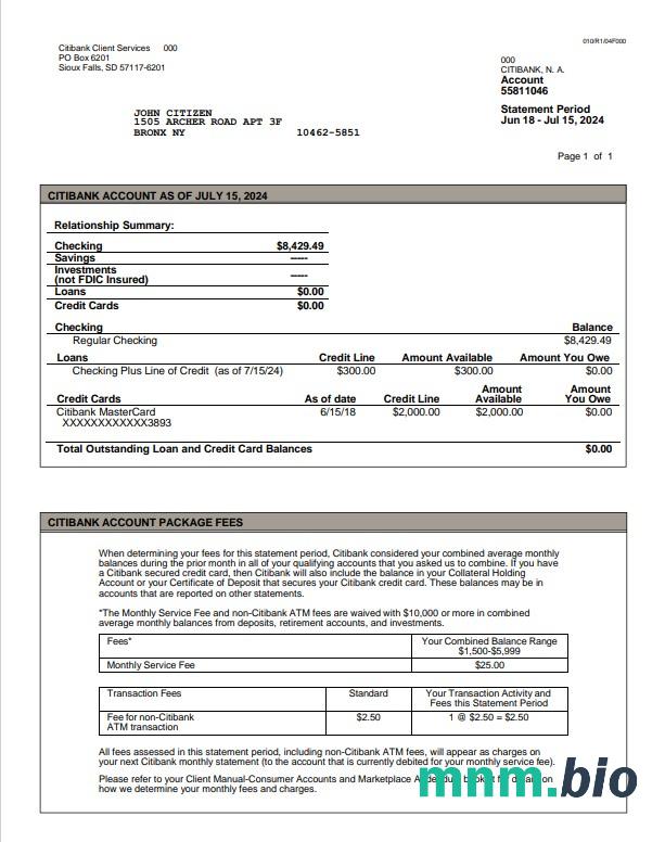 Wyciąg bankowy USA Citibank, szablon Word i PDF, 6 stron